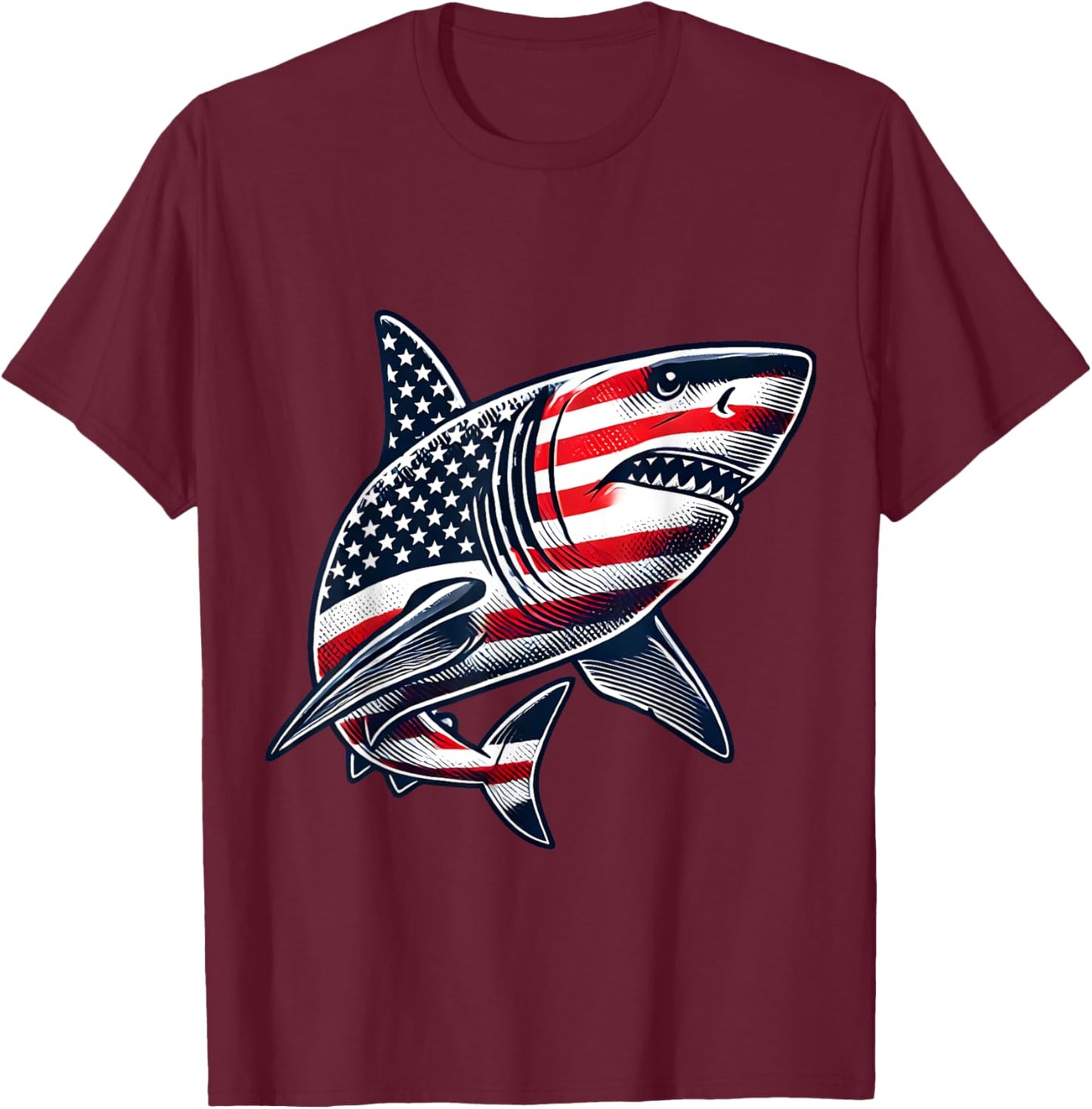 Shark American Flag USA 4th of July T-Shirt - T-Shirt | Maroon