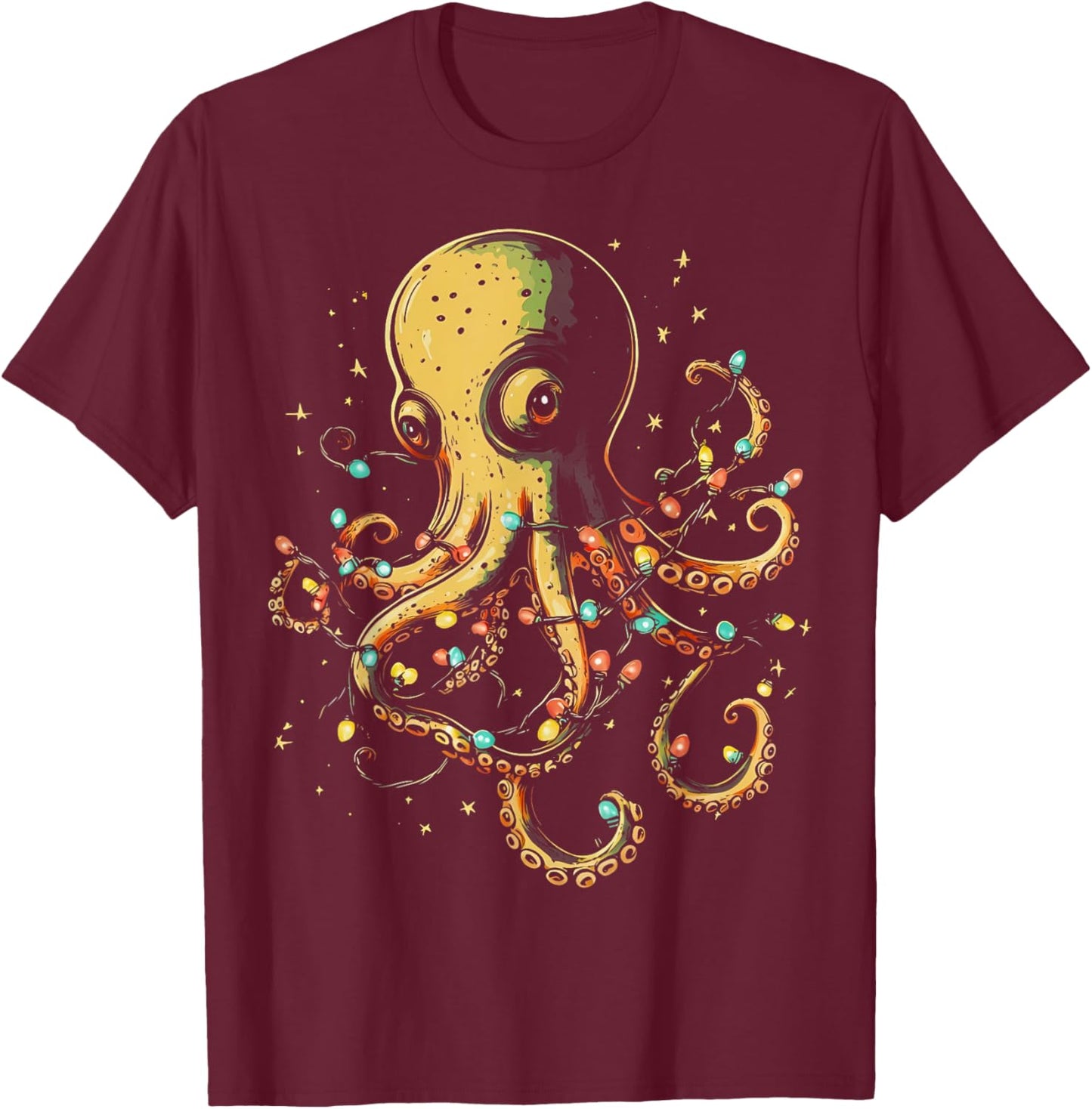 Christmas Lights Sea Octopus Marine Biology Ocean Animal T-Shirt - T-Shirt | Maroon