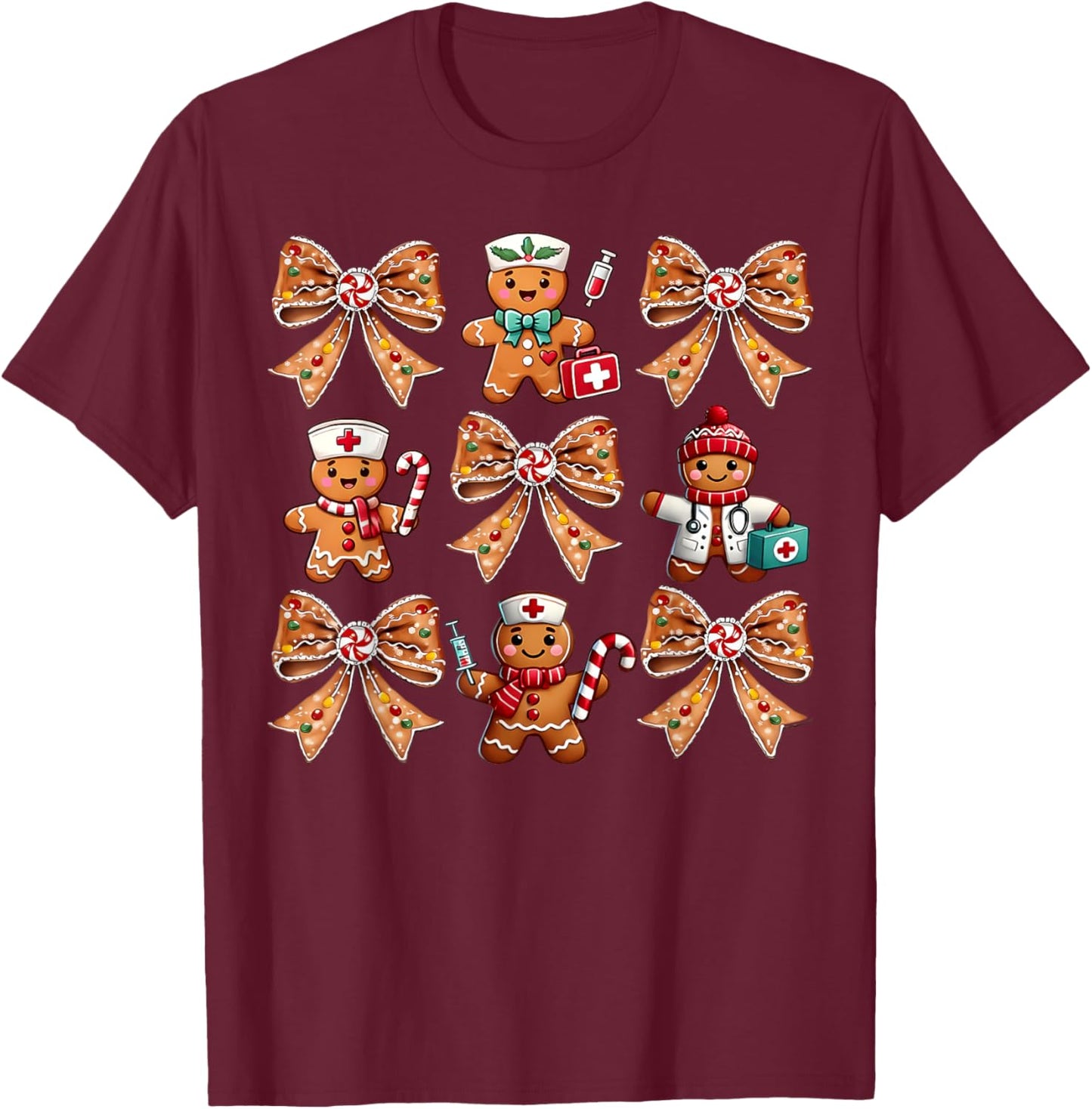 Coquette Bow Gingerbread Christmas Nurse Xmas Holiday T-Shirt - T-Shirt | Maroon