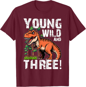 Young Wild and Three (3) Dinosaur T-Rex Birthday Boys T-Shirt - T-Shirt | Maroon