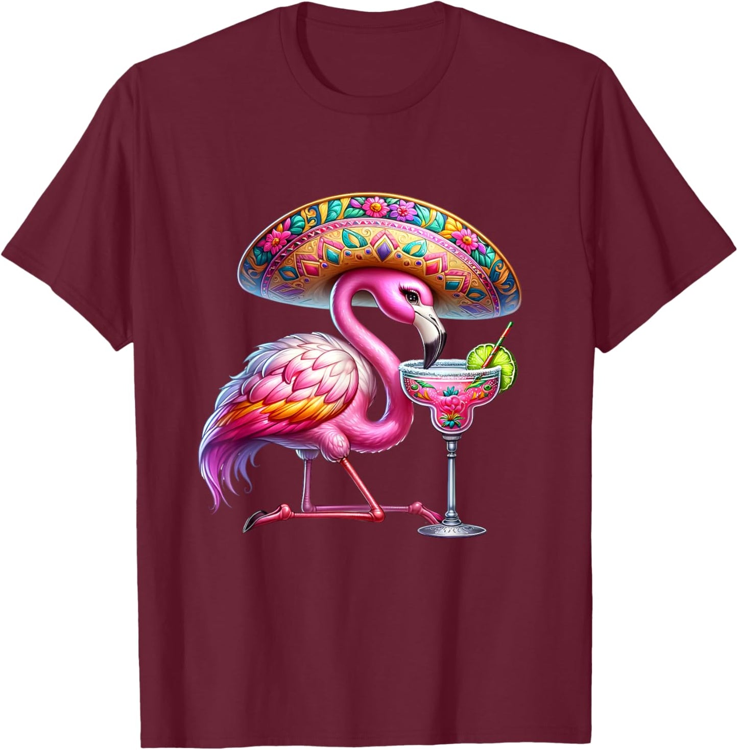 Pink Flamingo Drinking Margarita Cute Flamingo Cinco De Mayo T-Shirt - T-Shirt | Maroon