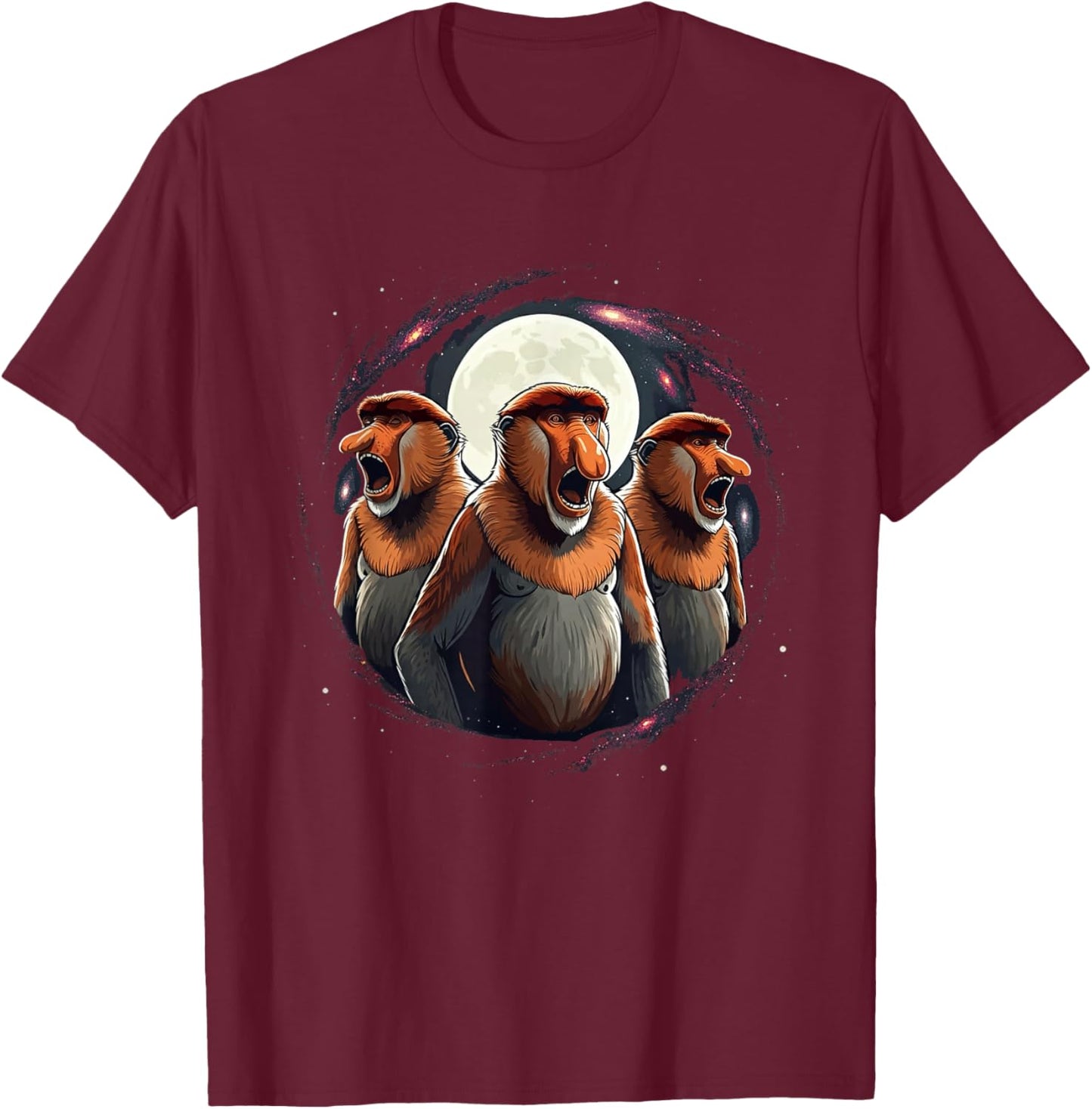 3 Proboscis Monkeys Moon Howling Funny Meme Men Women Kids T-Shirt - T-Shirt | Maroon