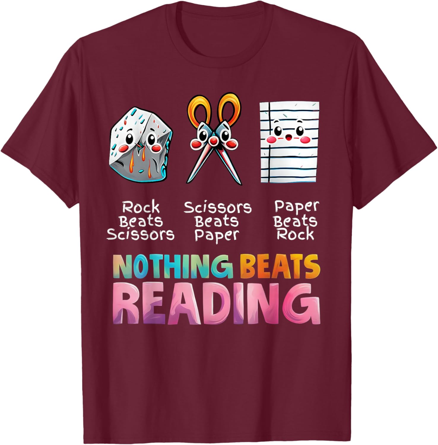 Nothing Beats Reading Funny Rock Paper Scissors T-Shirt - T-Shirt | Maroon