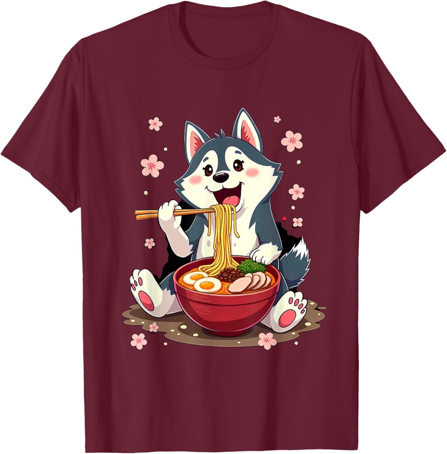 Otaku Husky Dog Ramen Noodles -Adult Anime Manga Kawaii Husky Dog Eating Ramen Black Small Classic Fit Short Sleeve Cotton Blend Machine Wash T-Shirt - T-Shirt | Maroon
