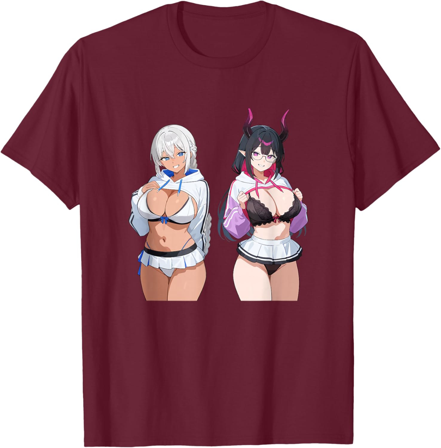 Waifu Sexy Anime Girl Horns Mini Skirt Japanese Retro Art T-Shirt - T-Shirt | Maroon