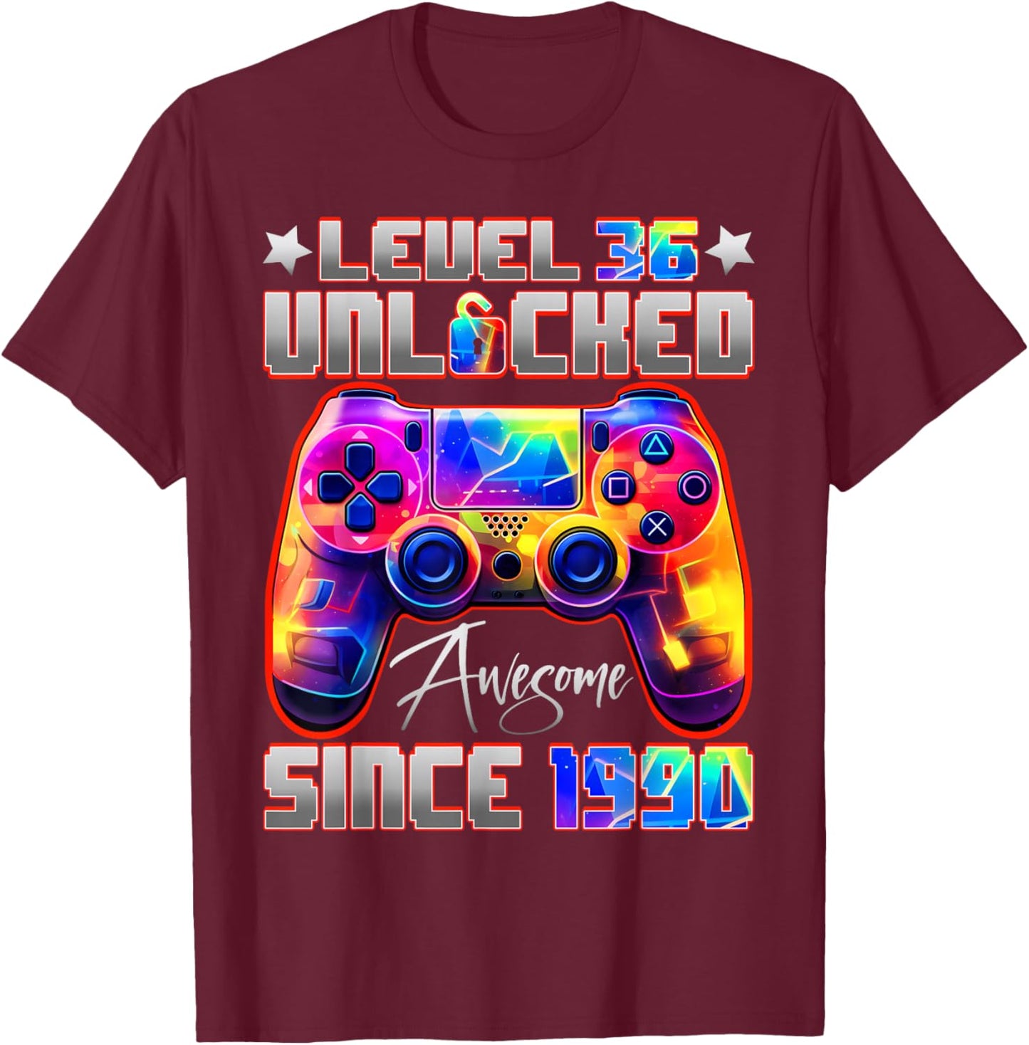 Level 36 Unlocked Awesome Since 1990 36th Birthday Gamer T-Shirt - T-Shirt | Maroon