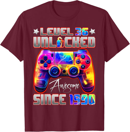 Level 36 Unlocked Awesome Since 1990 36th Birthday Gamer T-Shirt - T-Shirt | Maroon