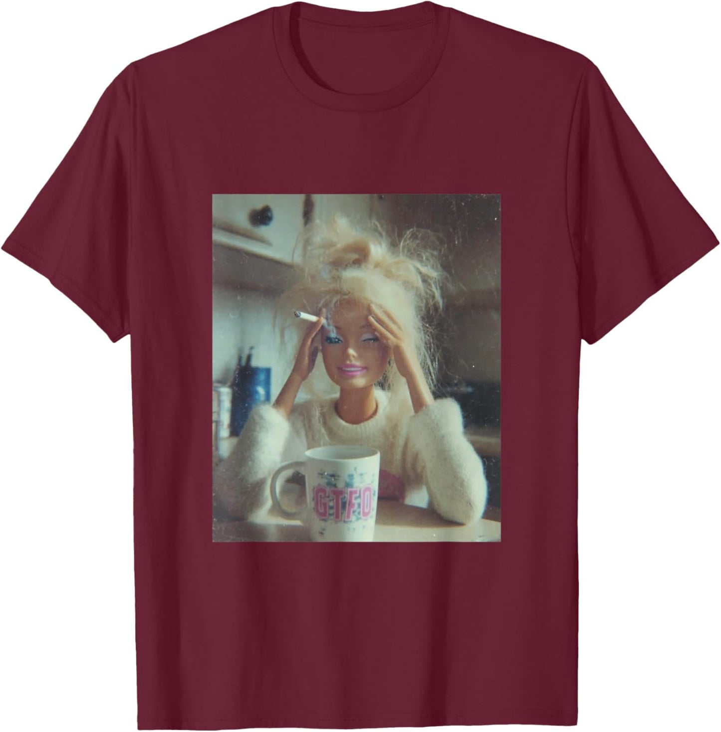 Funny Worn Doll Face Meme Smoking Sarcastic Humor Gift T-Shirt - T-Shirt | Maroon