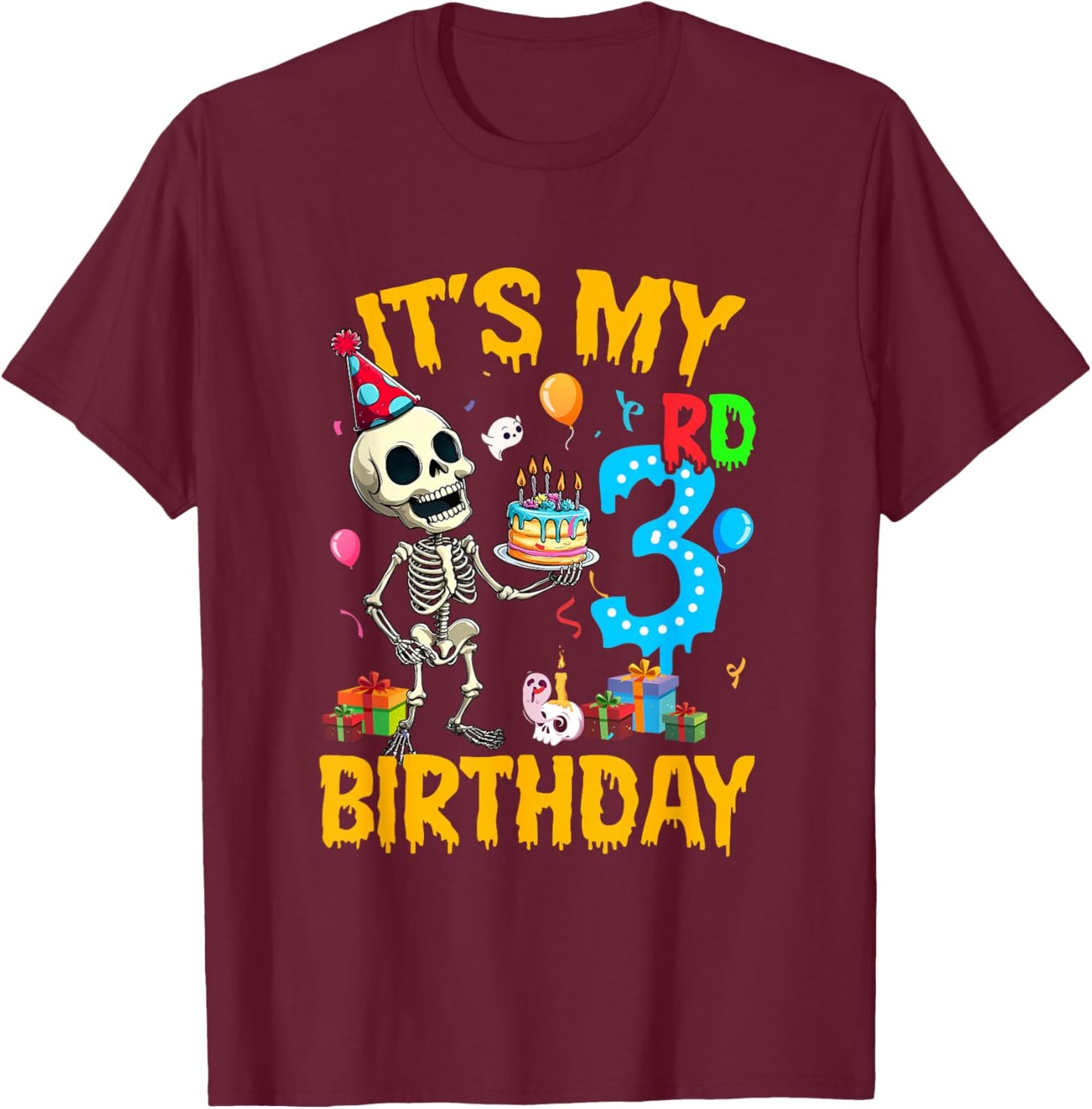 It's My 3Rd Birthday Party Halloween Skeleton Birthday Kids T-Shirt - T-Shirt | Maroon