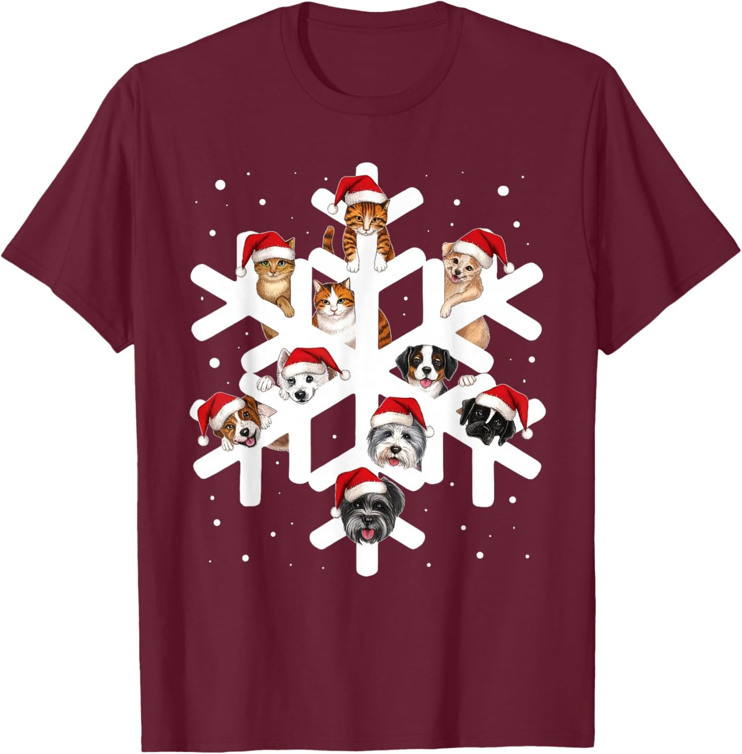 Cute Snowflake Cats Dogs Santa Hat Pets Lover Christmas Pjs T-Shirt - T-Shirt | Maroon
