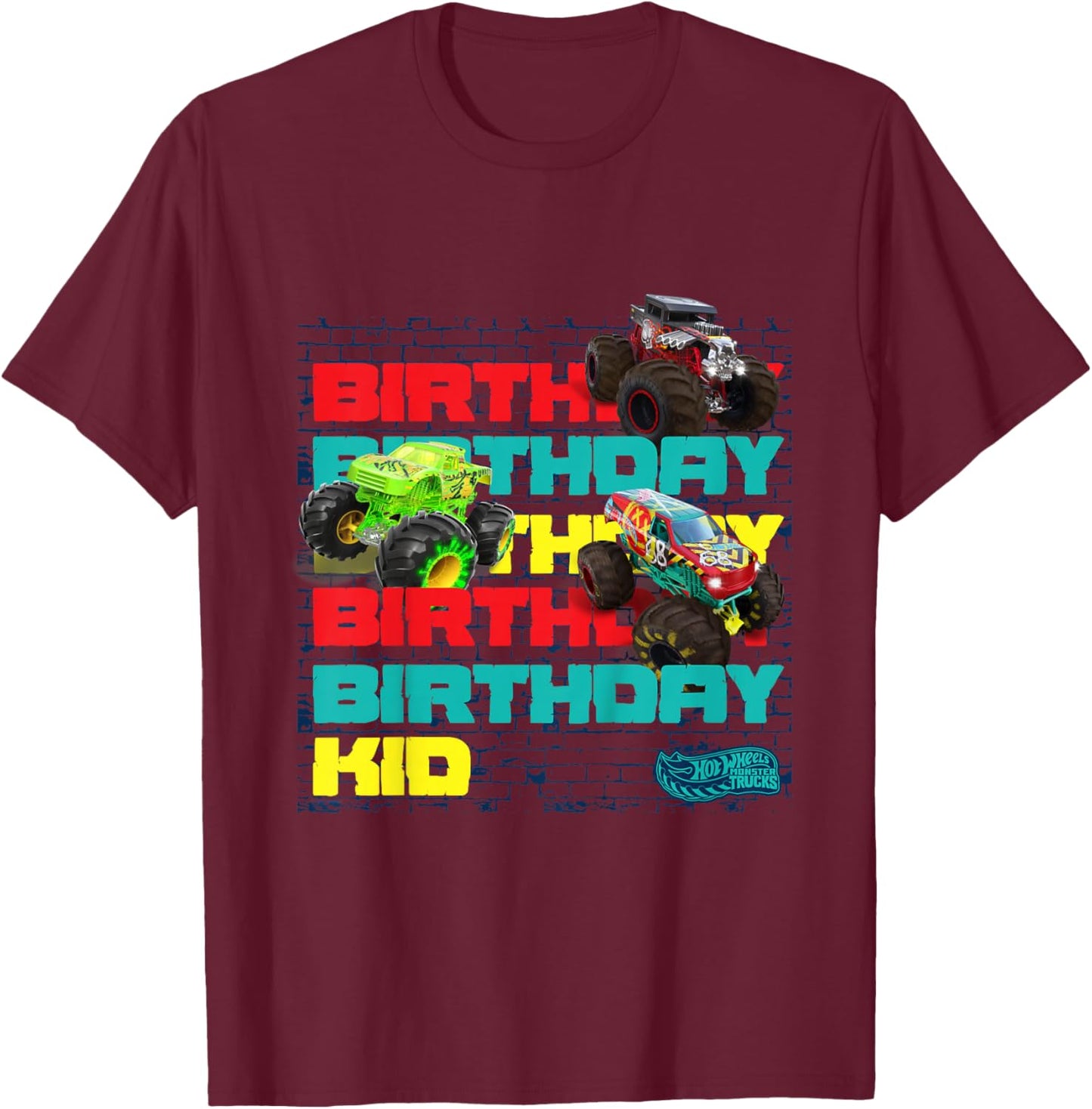 Kids Hot Wheels Monster Trucks - Birthday Kid Crash Zone T-Shirt - T-Shirt | Maroon