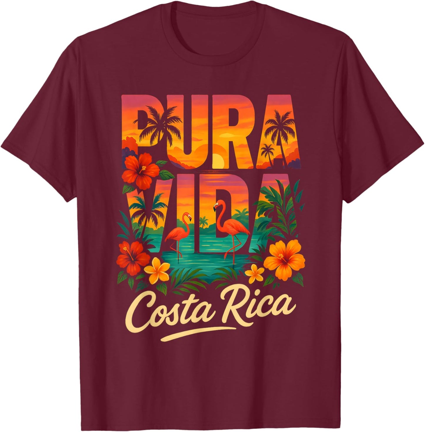 Pura Vida Costa Rica Sunset Flamingos T-Shirt - T-Shirt | Maroon