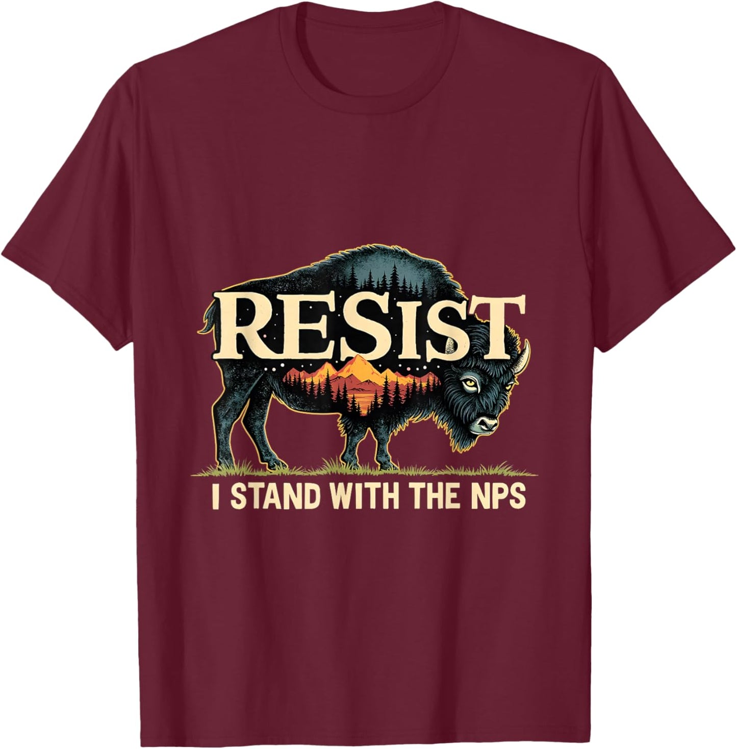 Resist Buffalo US National Park Conservation T-Shirt - T-Shirt | Maroon