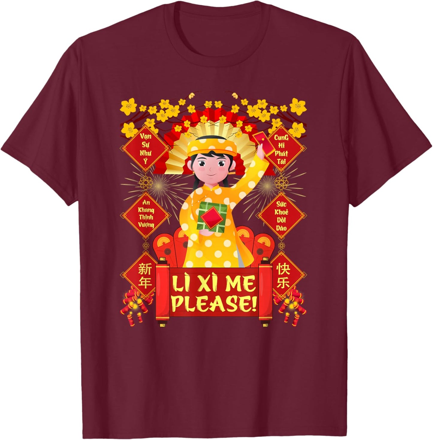 Funny Li Xi Me Please Vietnamese Red Cute Ao Dai Girl Kids T-Shirt - T-Shirt | Maroon