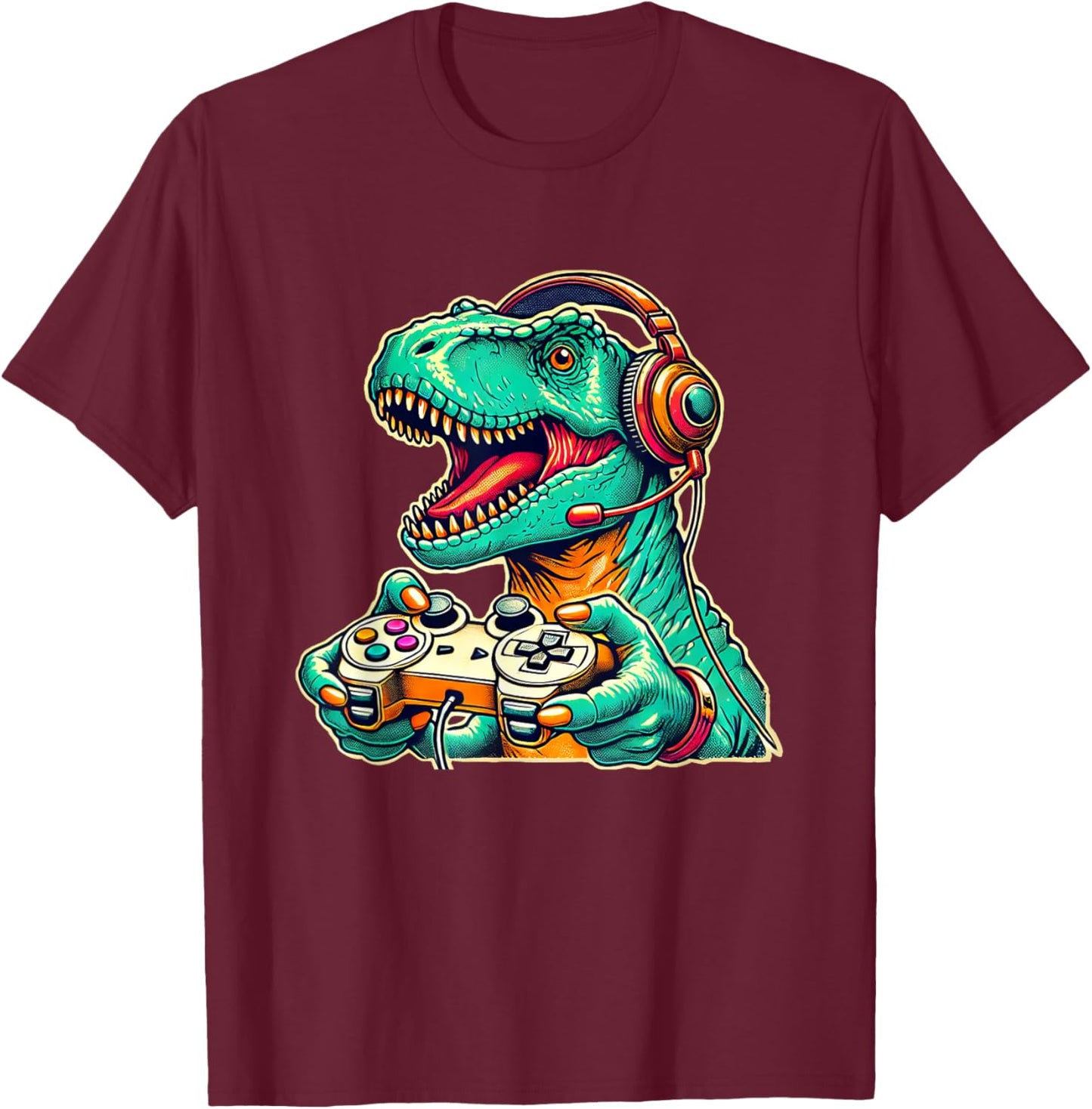 Cool Gamer Dino T-Rex Gamer Dinosaur Gaming T-Shirt - T-Shirt | Maroon