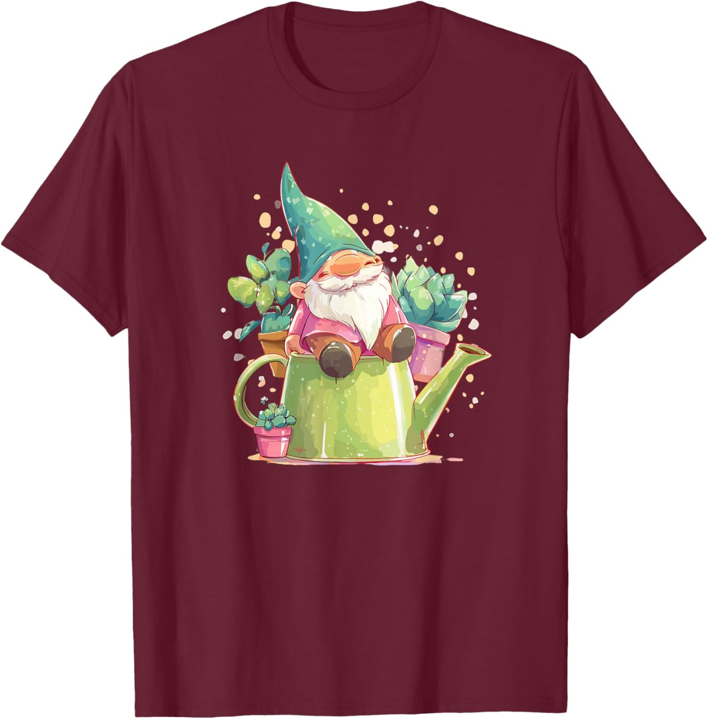 Cute Sleeping Gnome with Succulent Garden T-Shirt - T-Shirt | Maroon