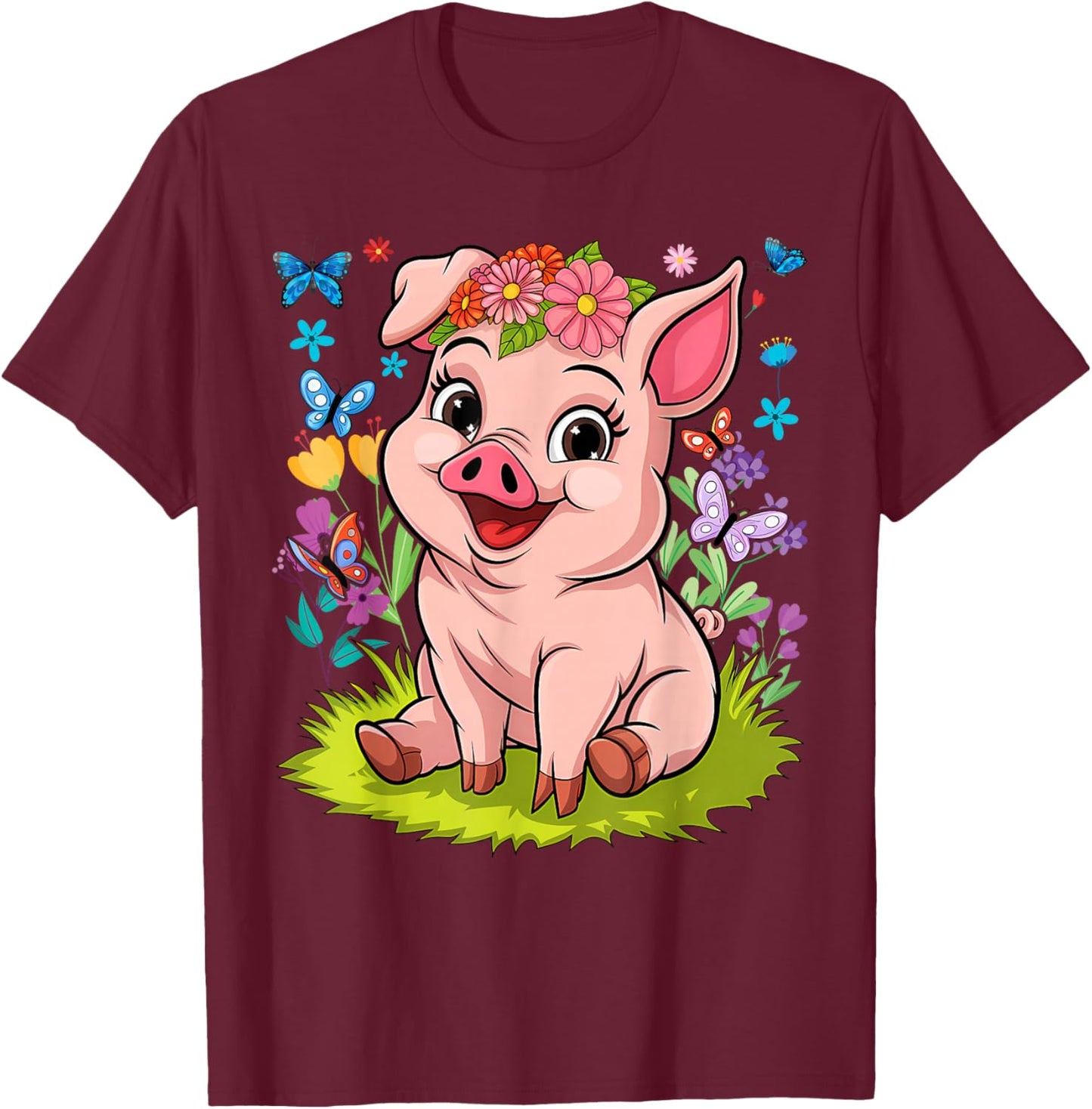 Cute Pig With Flowers I Kids Pig T-Shirt - T-Shirt | Maroon