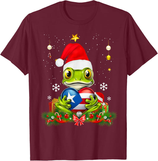 Patriotic Puerto Rico Flag Frog Tree Christmas Puero Rican T-Shirt - T-Shirt | Maroon