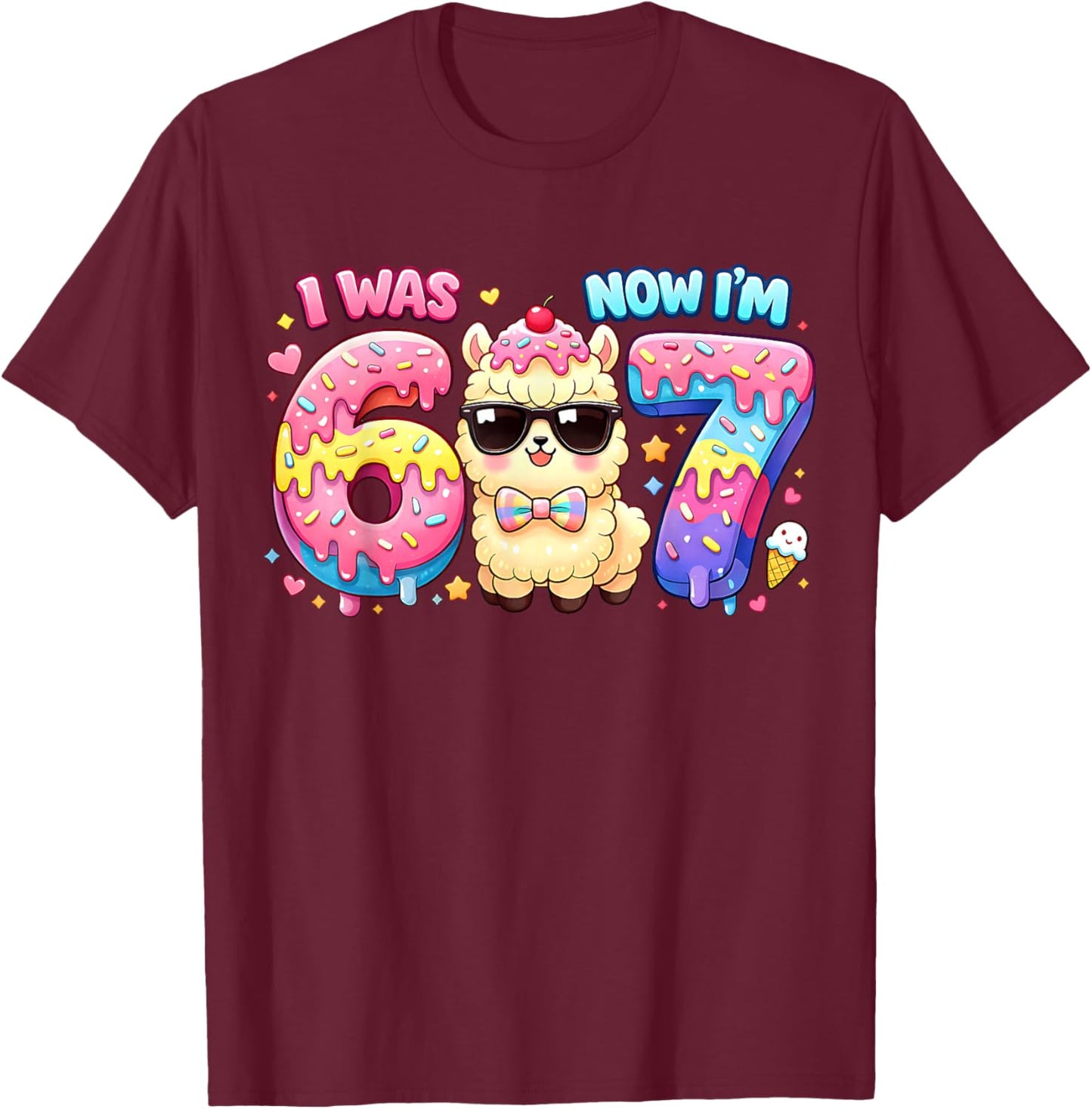 I was 6 Now I'm 7 Llama Alpaca Ice Cream Drip 6-7 Birthday T-Shirt - T-Shirt | Maroon