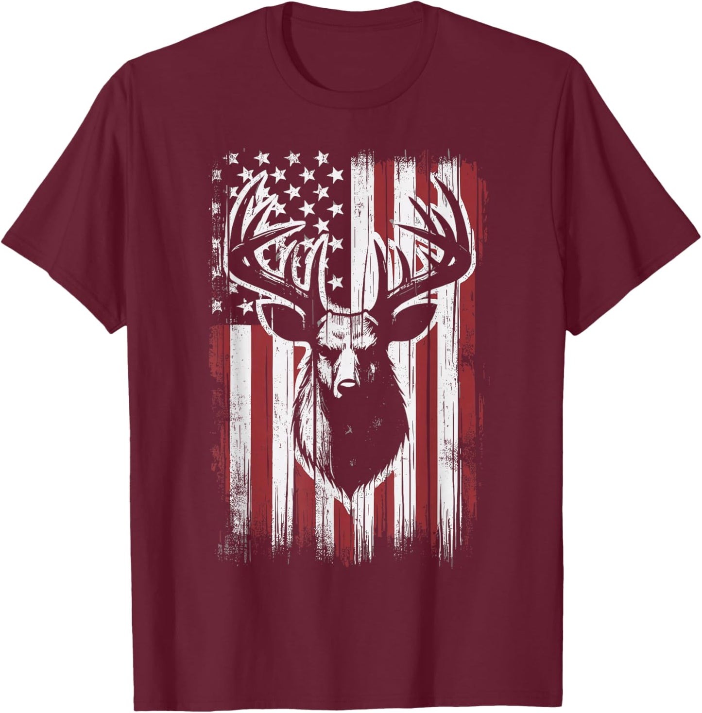 Deer Hunting American Flag Deer T-Shirt - T-Shirt | Maroon