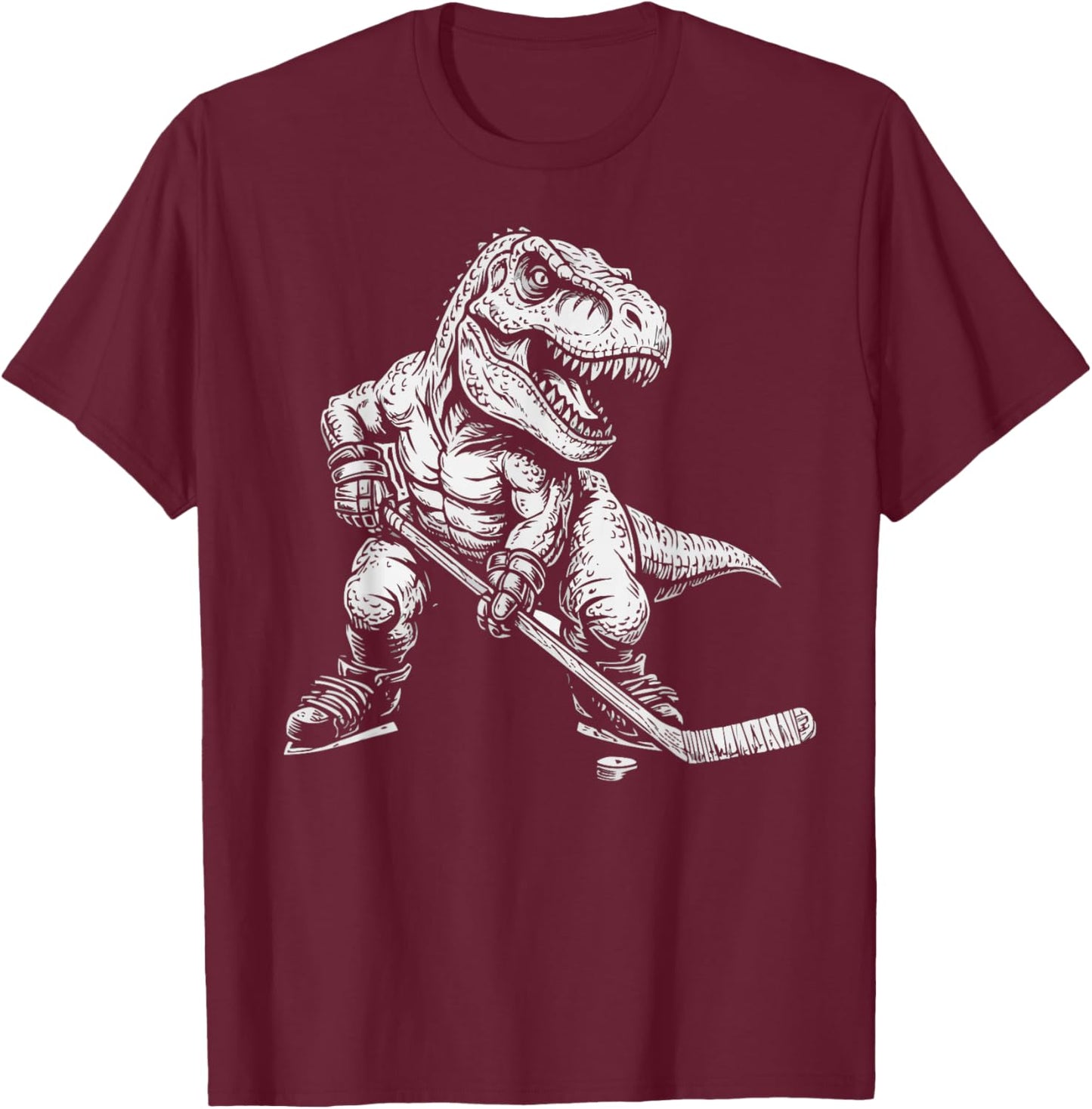 Hockey Player Dinosaur Kids Men Boys Ice Hockey T-Shirt - T-Shirt | Maroon