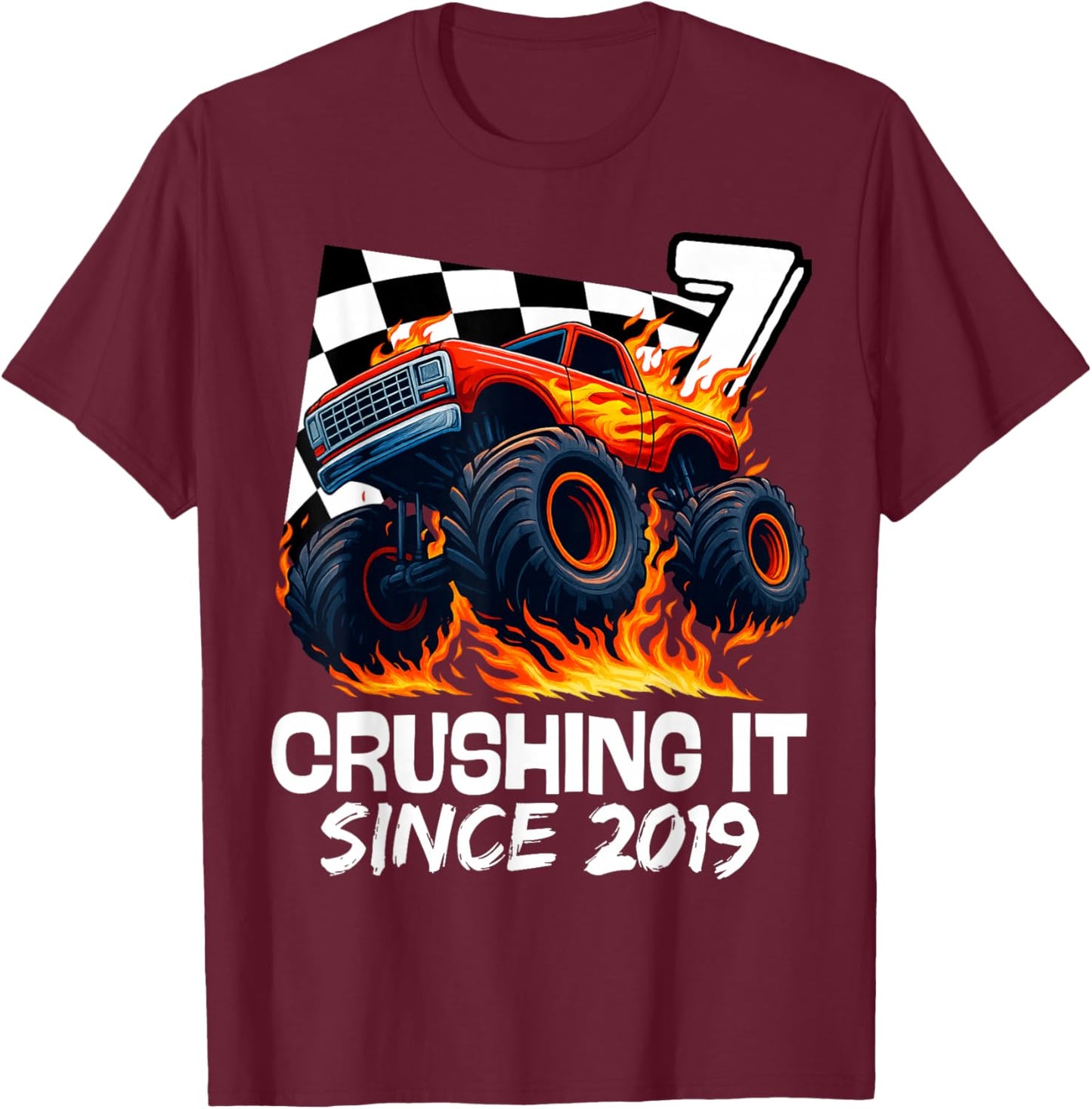 Birthday Monster Truck 7 Year Old Boys 7th Party Born 2019 T-Shirt - T-Shirt | Maroon