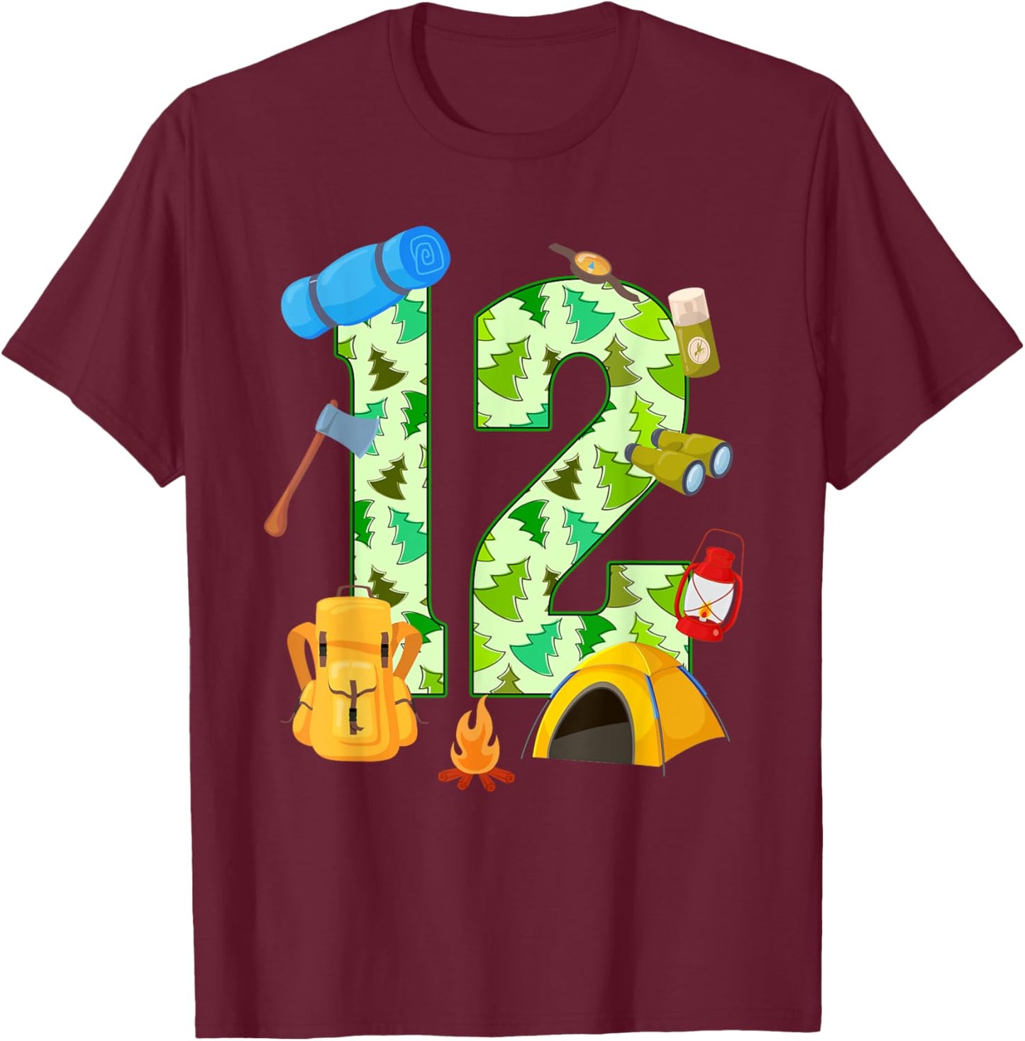 12th Birthday Camping Theme 12 Year Old Birthday Kids T-Shirt - T-Shirt | Maroon