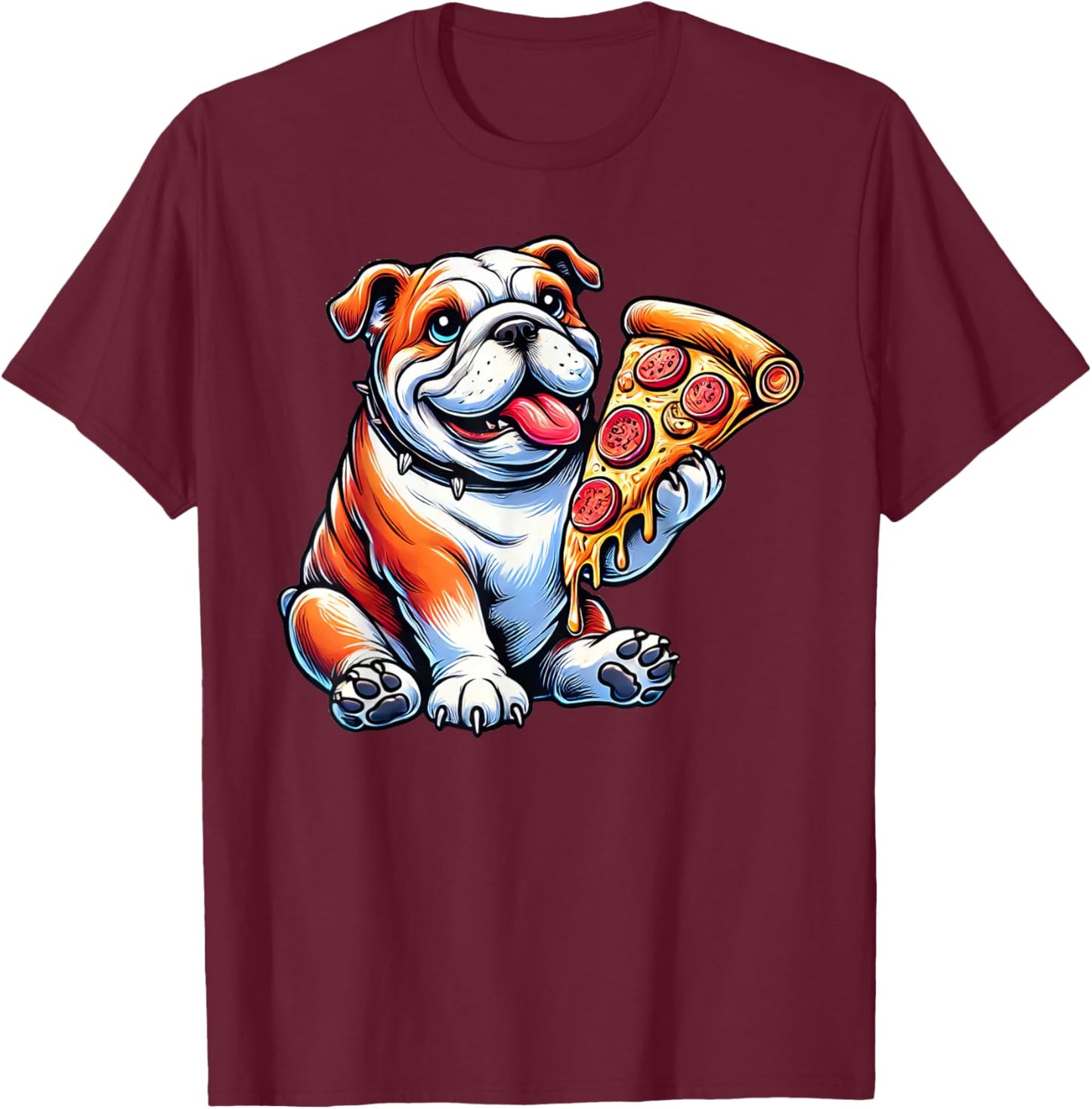 Cute English Bulldog Dog Eating Pizza T-Shirt - T-Shirt | Maroon