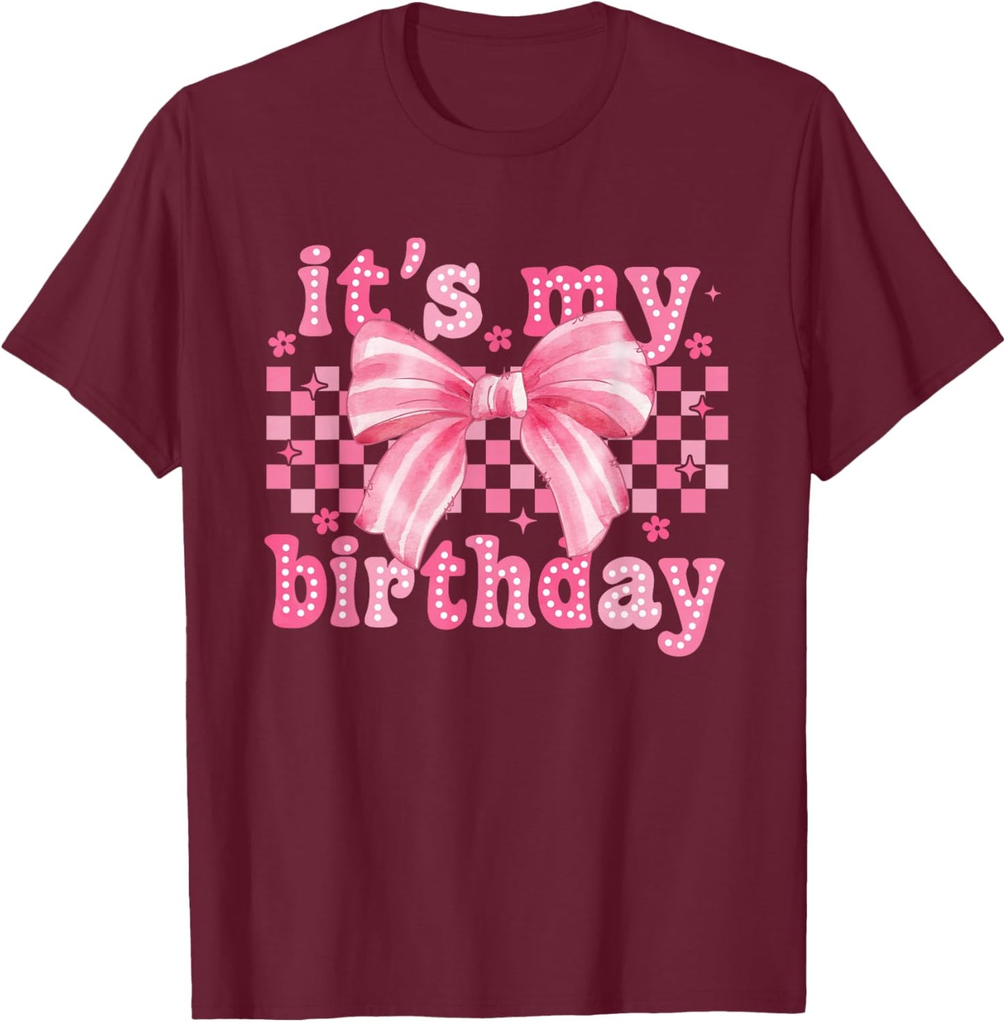It's My Birthday Coquette Bow Floral Checkered Bday Party T-Shirt - T-Shirt | Maroon