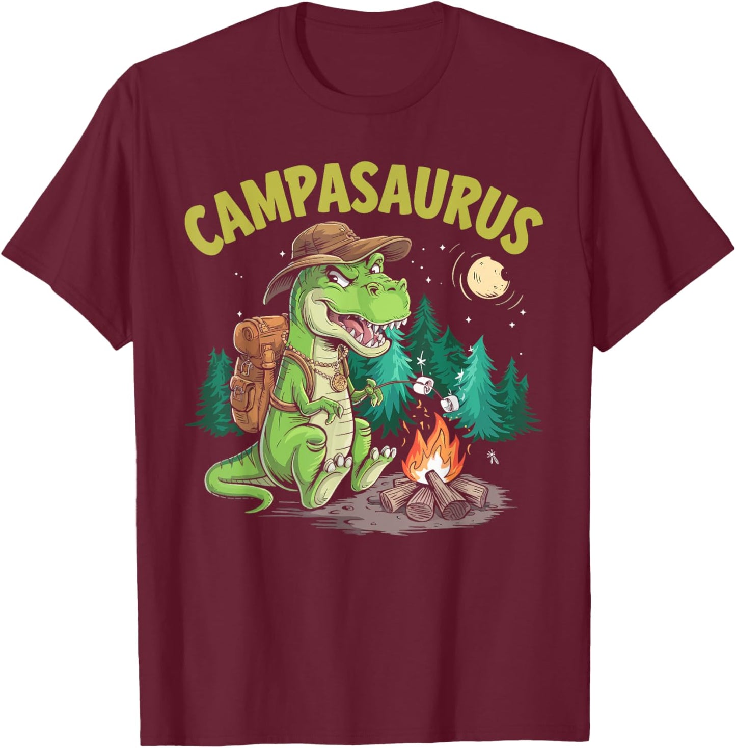 Camping Dinosaur Funny Camp Campfire T-Rex Kids Boys T-Shirt - T-Shirt | Maroon