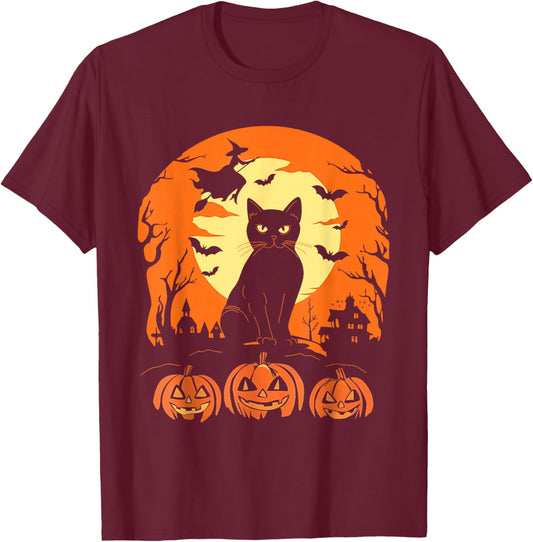 Black Cat and Pumpkin Halloween Scene for Everyone T-Shirt - T-Shirt | Maroon