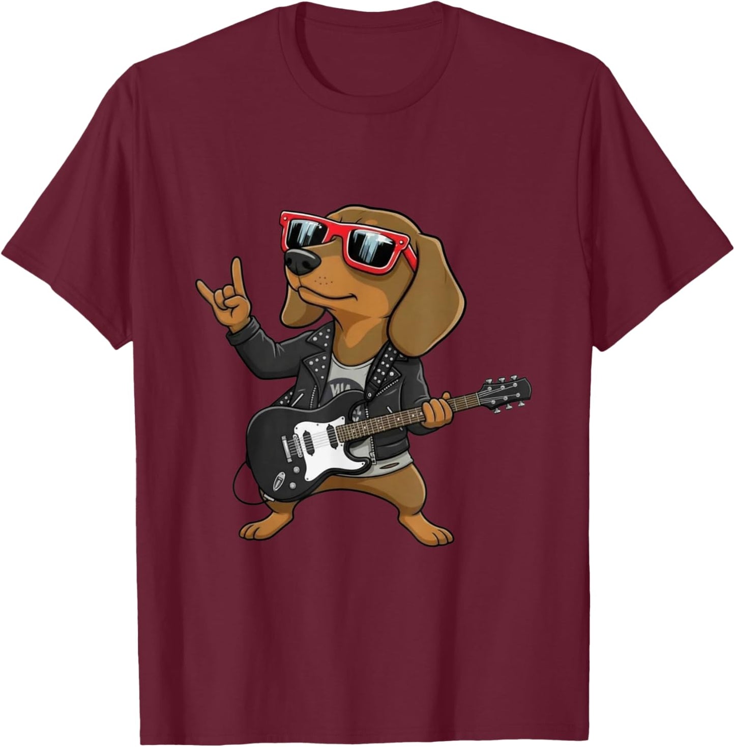 Dachshund Dog Playing Bass Guitar Guitarist Rocker Pose Cool T-Shirt - T-Shirt | Maroon