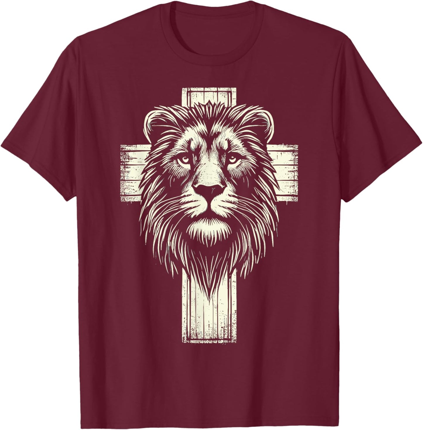 Lion of Judah Christian Lion Cross T-Shirt - T-Shirt | Maroon
