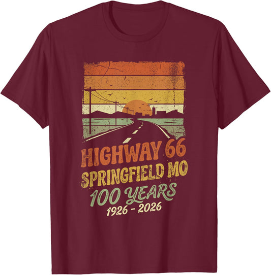 Vintage Highway 66 Springfield MO 100 Years Centennial T-Shirt - T-Shirt | Maroon