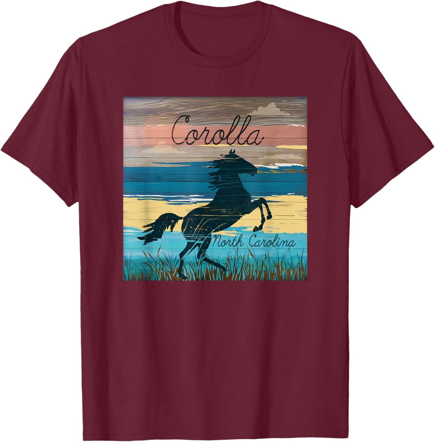 Corolla NC Outer Banks Wild Horses Nautical Coastal Beach T-Shirt - T-Shirt | Maroon