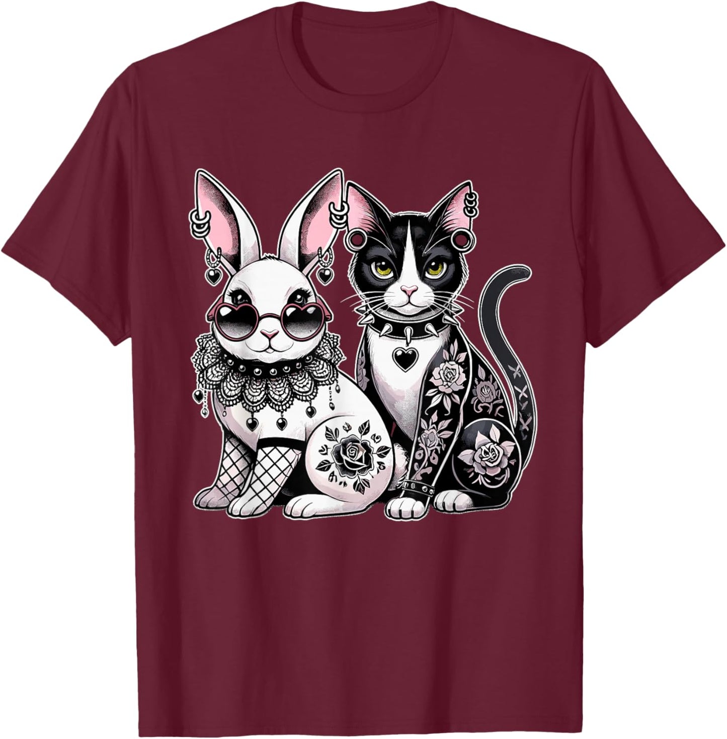 Gothic Punk Cat & Bunny with Tattoos & Piercings T-Shirt - T-Shirt | Maroon