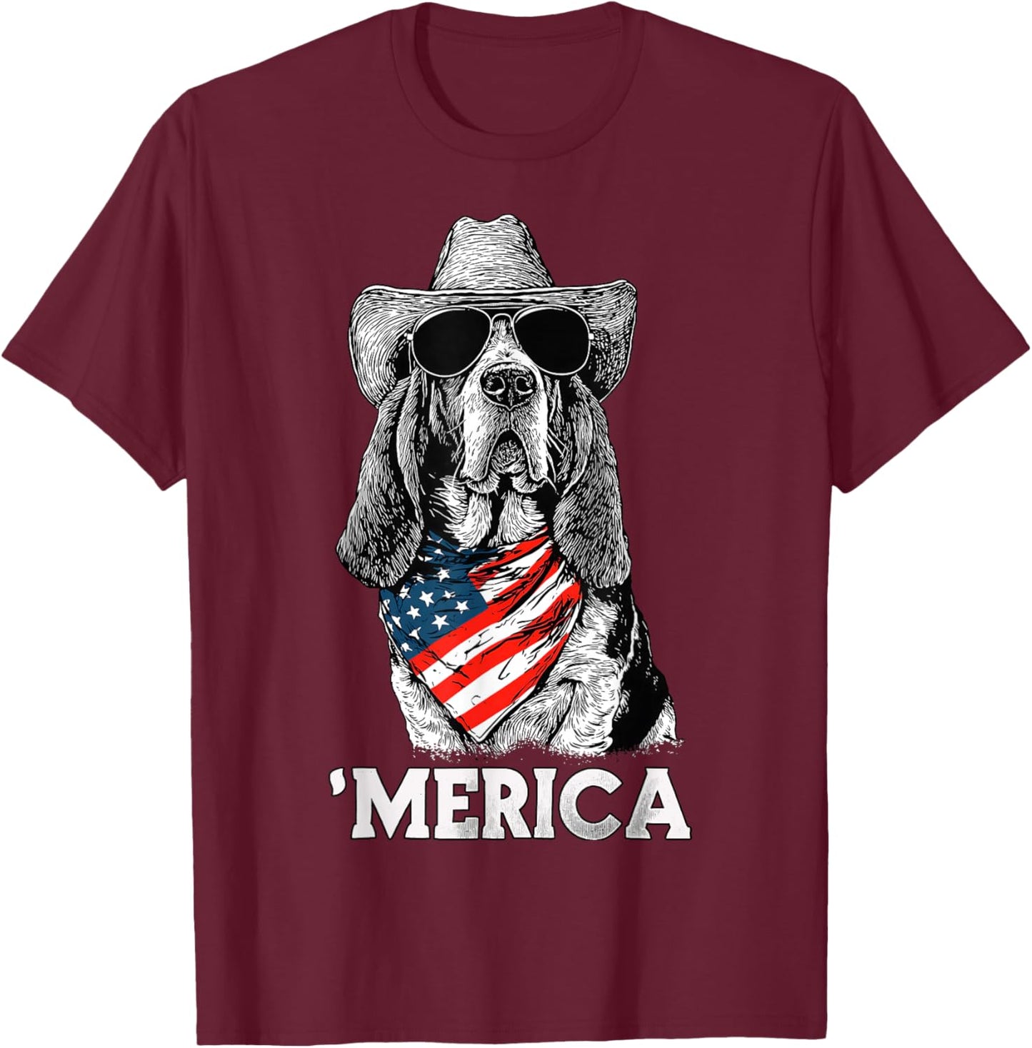 Basset Hound American Flag Bandana Cowboy Hat Sunglasses T-Shirt - T-Shirt | Maroon