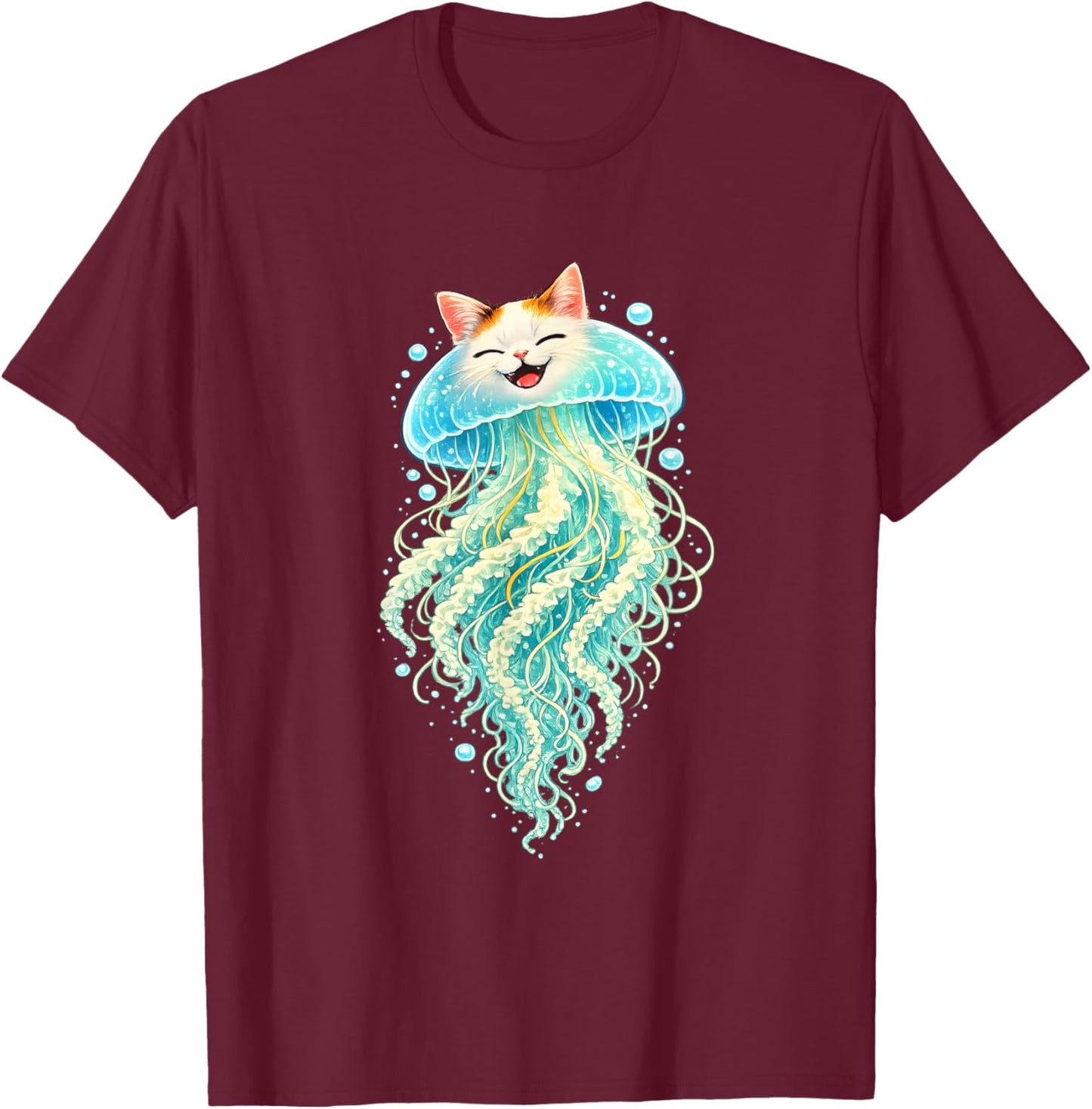 Jellyfish Cat Cute Surreal Ocean Cat Illustration T-Shirt - T-Shirt | Maroon