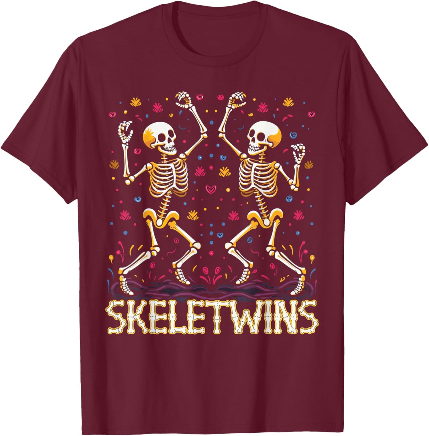 Dancing Skeletons Twins Halloween Matching Skeletwins T-Shirt - T-Shirt | Maroon