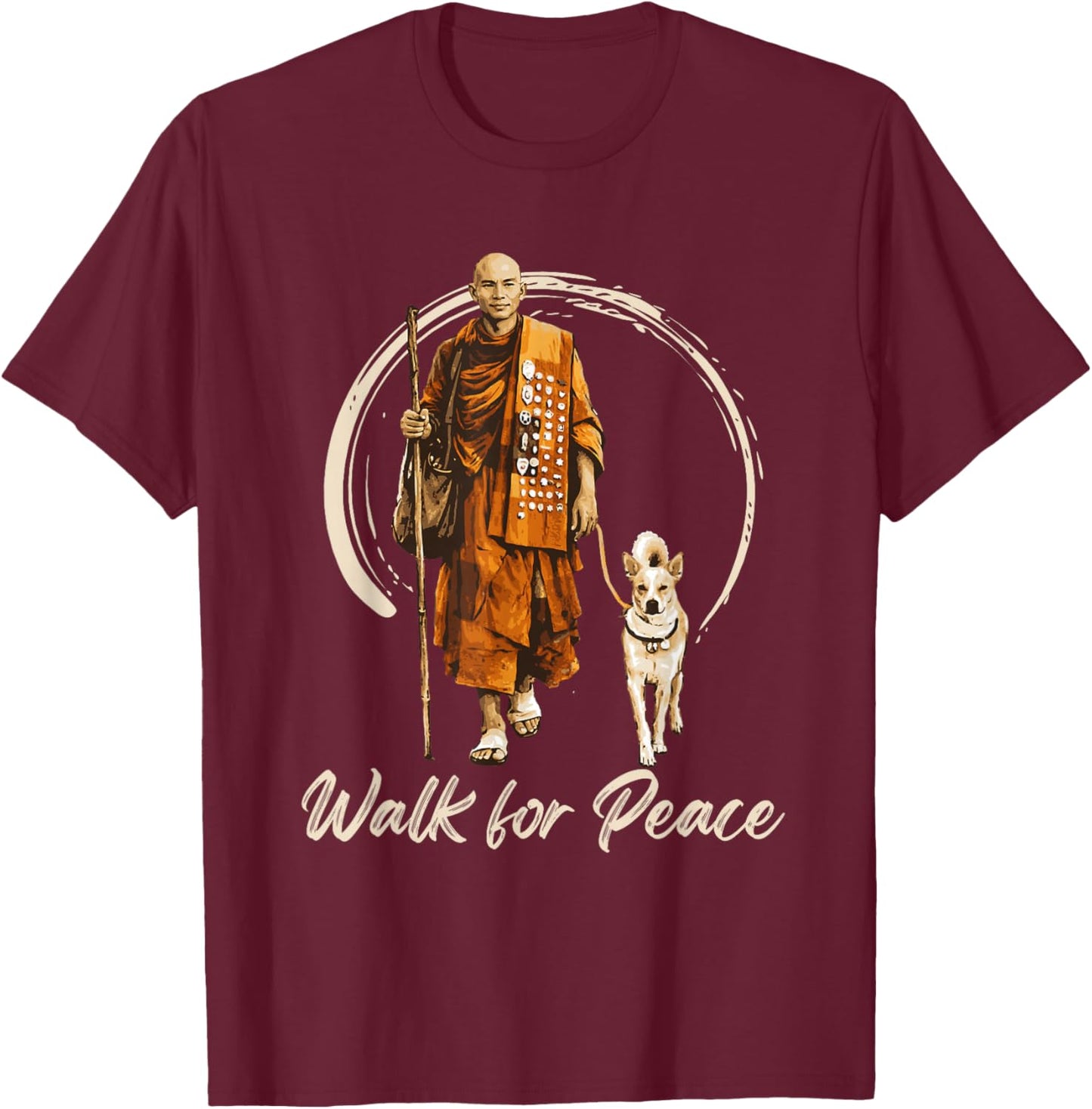 Peace Walking Monks and Aloka Dog Walk for Peace T-Shirt - T-Shirt | Maroon