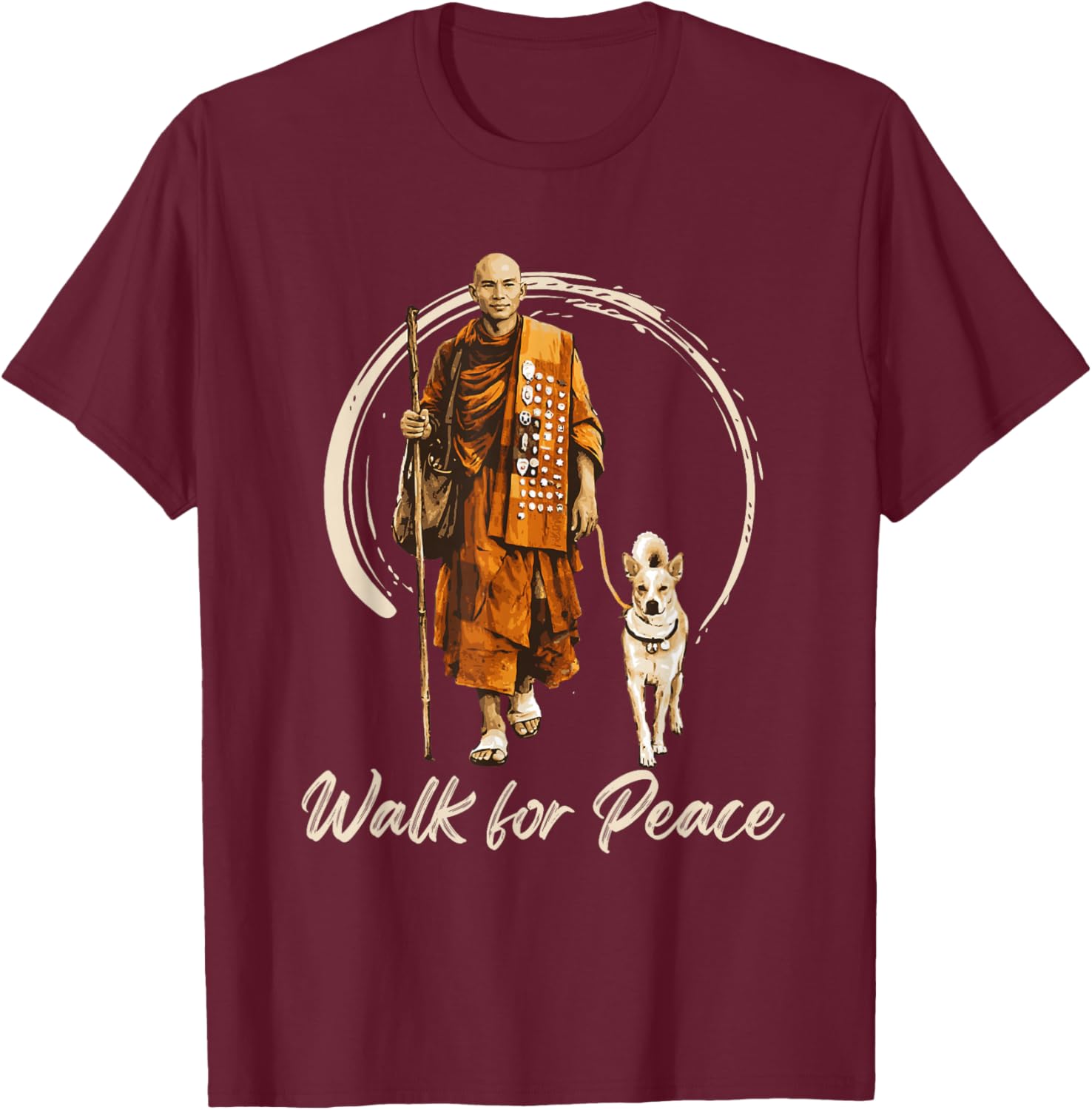 Peace Walking Monks and Aloka Dog Walk for Peace T-Shirt - T-Shirt | Maroon