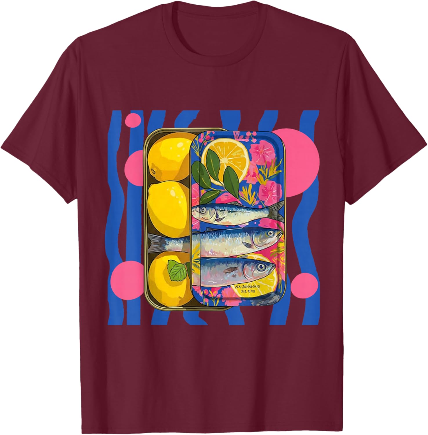 Sardine côtière colorée en étain Poisson Art avec Fleurs de Citron T-Shirt - T-Shirt | Maroon