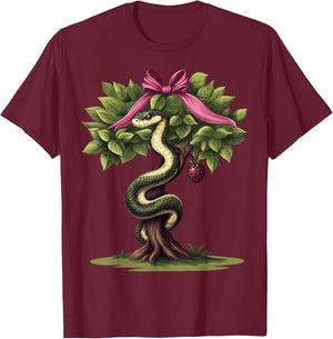 Coquette Bow Garden of Eden Religious Biblical Snake Girl T-Shirt - T-Shirt | Maroon