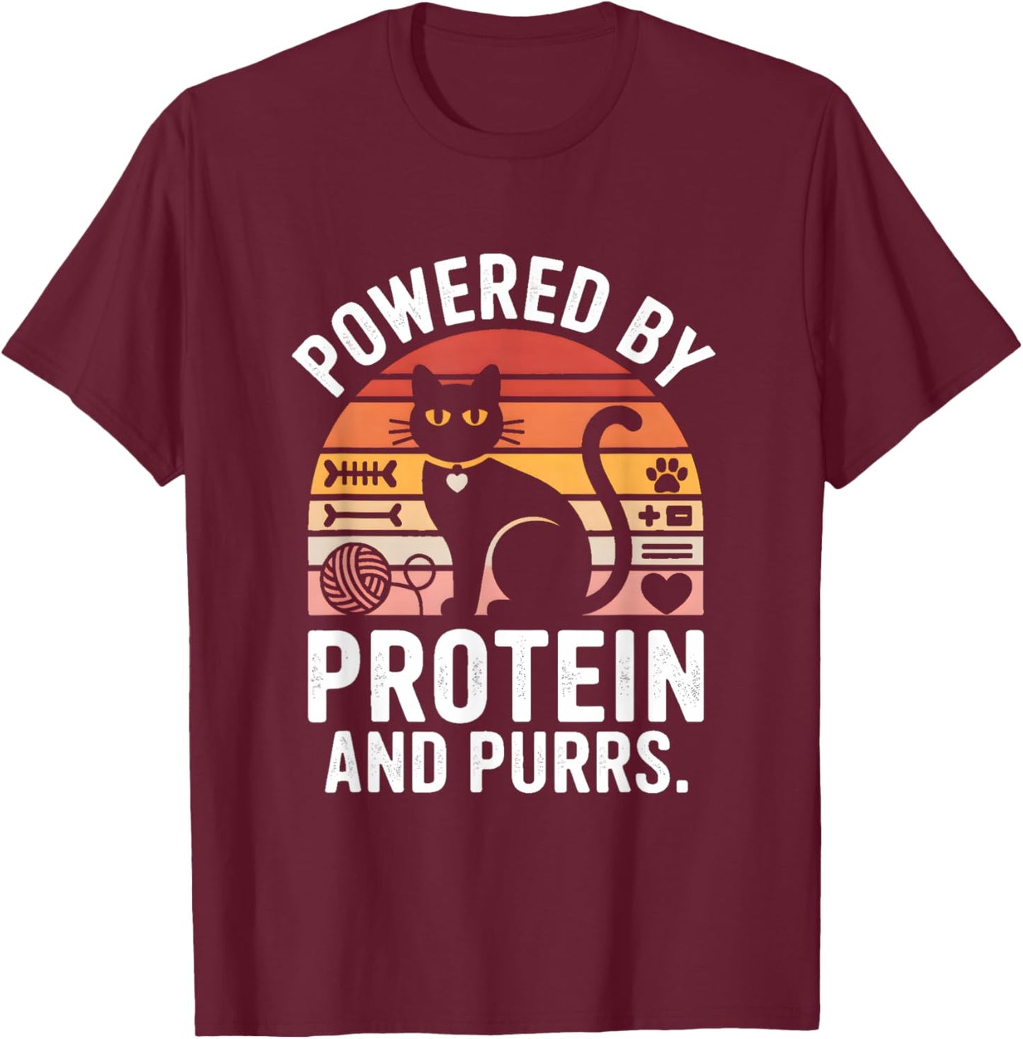 Powered by Protein and Purrs Funny Cat Fitness T-Shirt - T-Shirt | Maroon