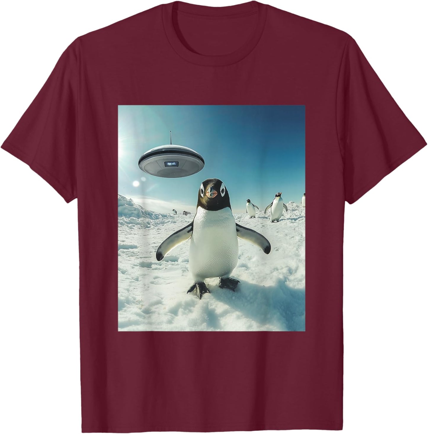 Penguin Bird Selfie with UFOs Aliens Funny Graphic T-Shirt - T-Shirt | Maroon