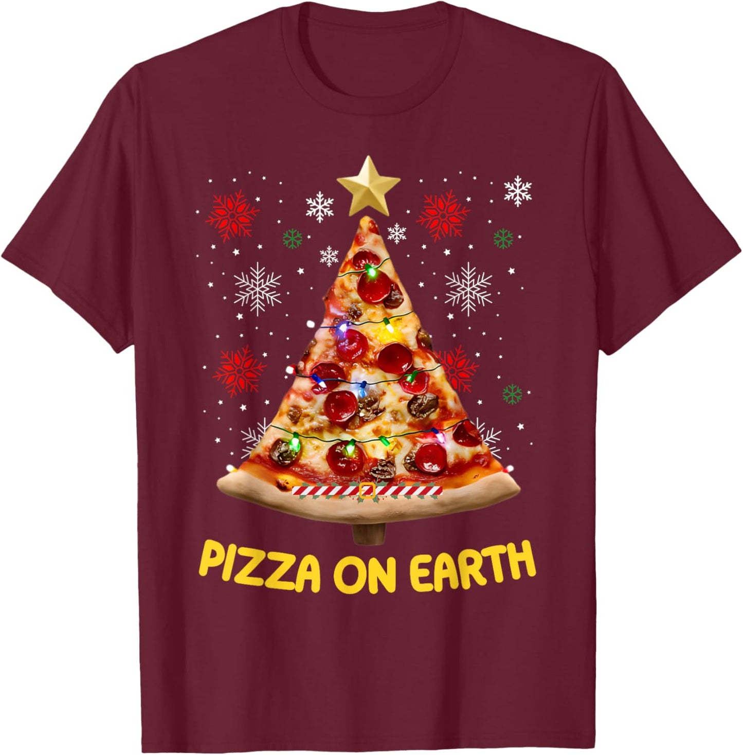Pizza on Earth Christmas Tree Funny Xmas Pizza Fast Food T-Shirt - T-Shirt | Maroon