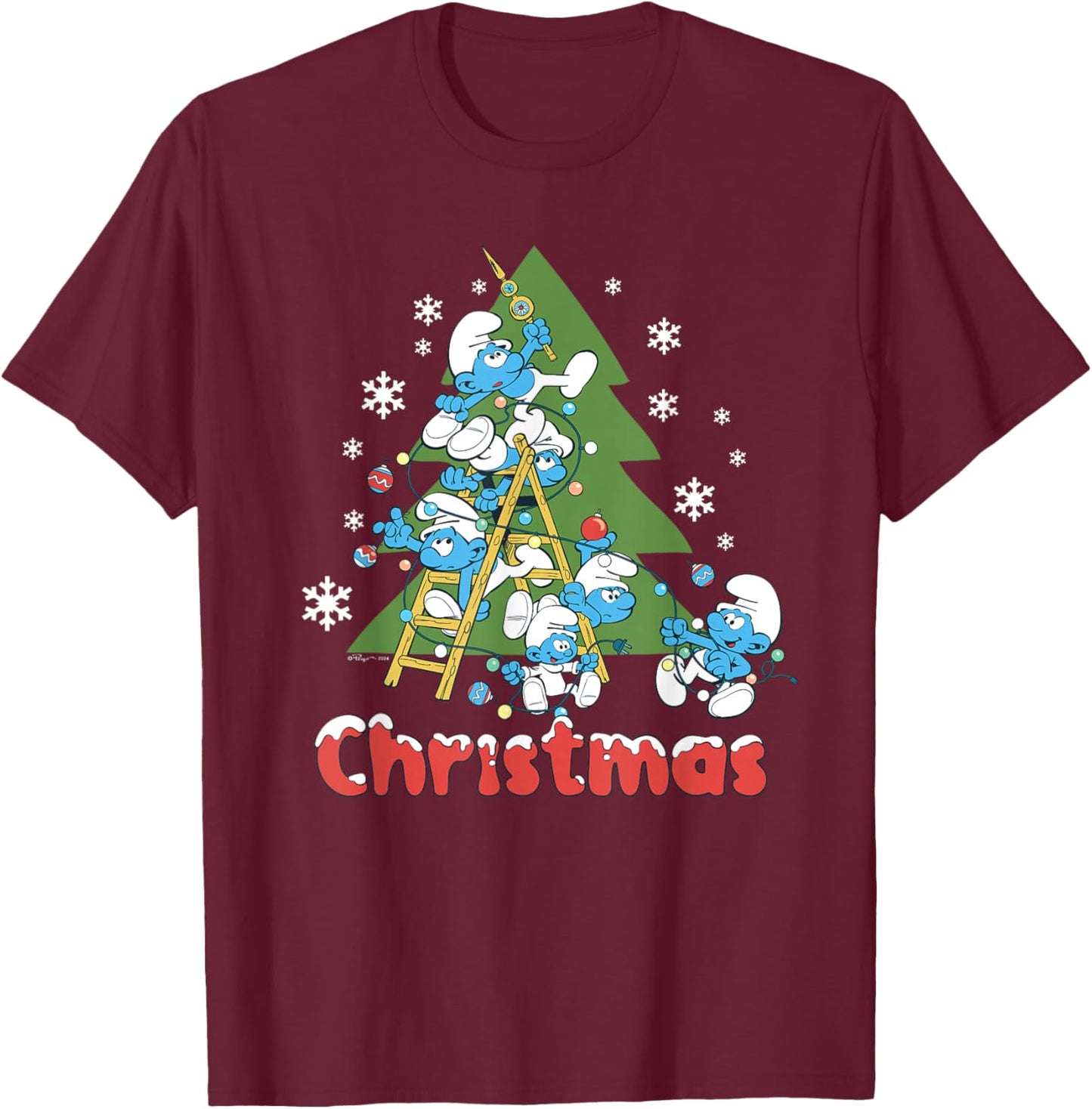 The Smurfs Trim The Christmas Tree T-Shirt - T-Shirt | Maroon