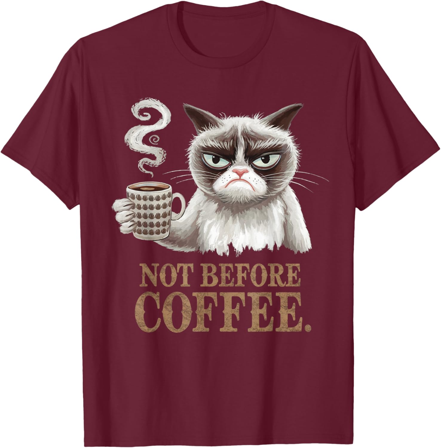 Not Before Coffee Funny Cat T-Shirt - T-Shirt | Maroon