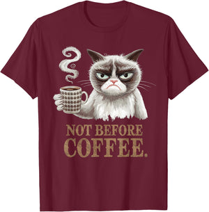 Not Before Coffee Funny Cat T-Shirt - T-Shirt | Maroon