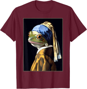 Funny Frog Vermeer’s Girl with a Pearl Earring Parody Meme T-Shirt - T-Shirt | Maroon
